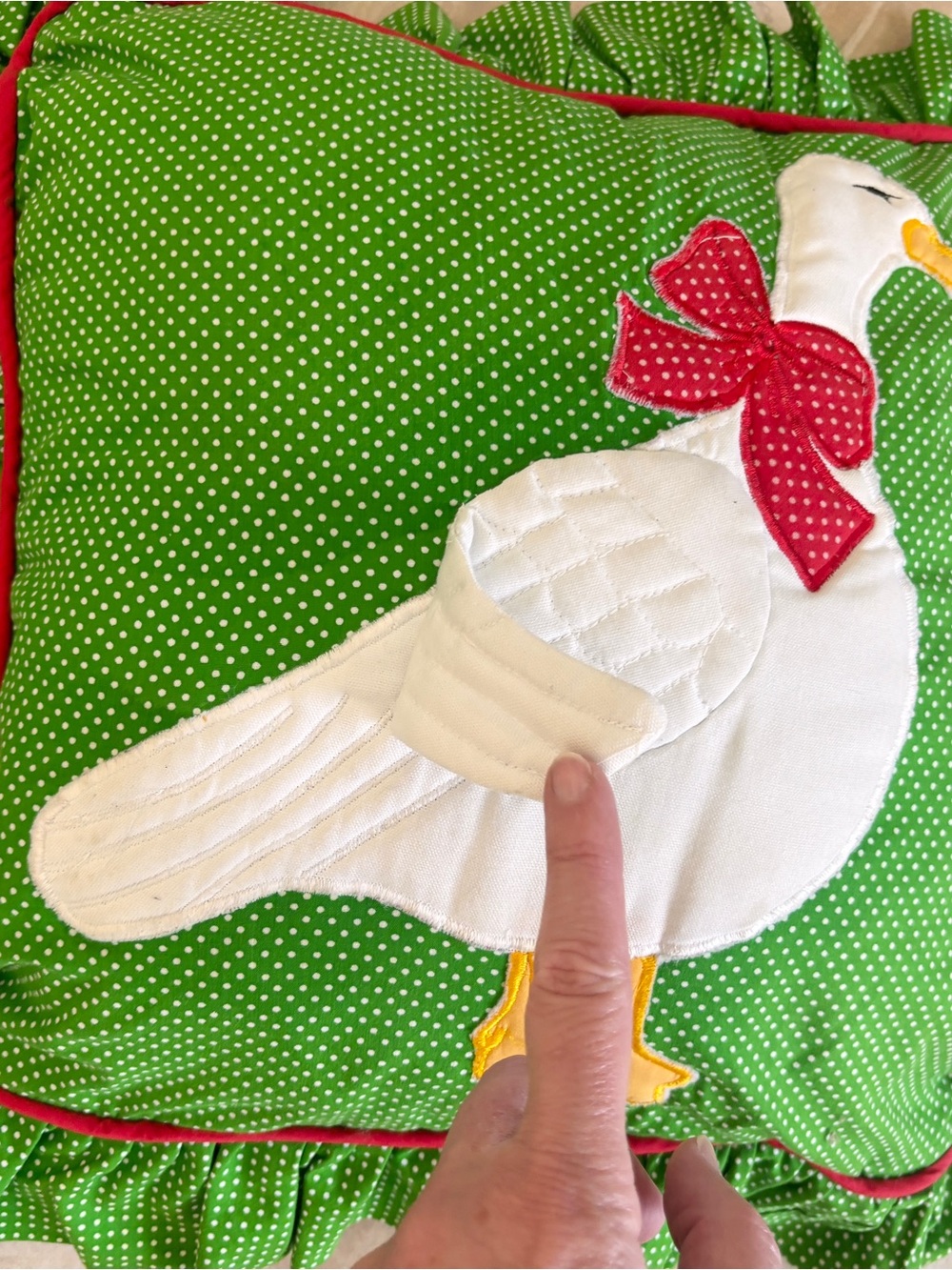 Set of Two Vintage Handmade Quilted Goose Pillows Green and White Polka Dot - Picture 9 of 16
